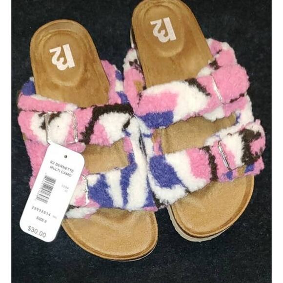 R2 Bernette Multi Color Fuzzy Slip On Sherpa Strap Faux Suede Camo Sandals 9 New - Picture 3 of 5